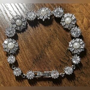 Marchesa Rhodium-Tone Cubic Zirconia Crystal and Pearl Bracelet